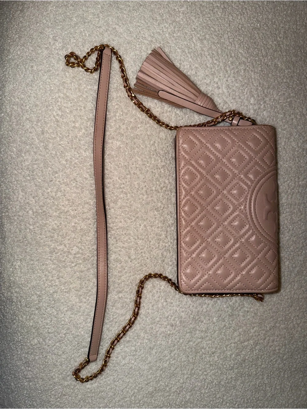 Tory Burch Quilted Crossbody in Dusty Rose with Gold Chain